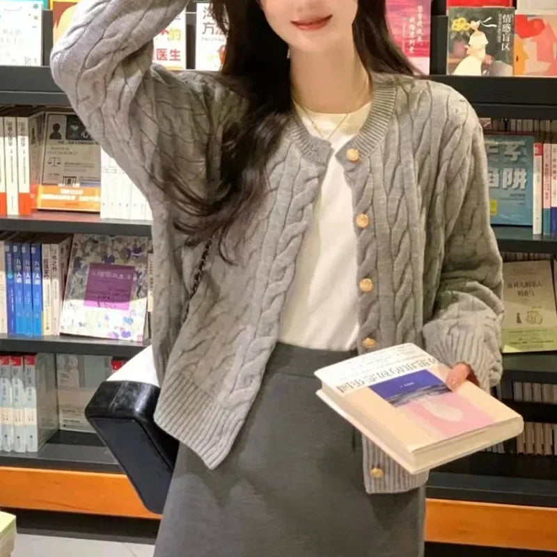 2025 Vintage Long Sleeve Cardigan Women Sweater O-neck Elegant Knitted Top Fashion Autumn Grey Knitwear